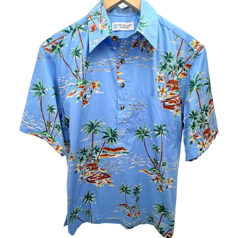 Tori Richard Uniforms Blue Chest Pocket Graphic Button-Up Collared Men's Small